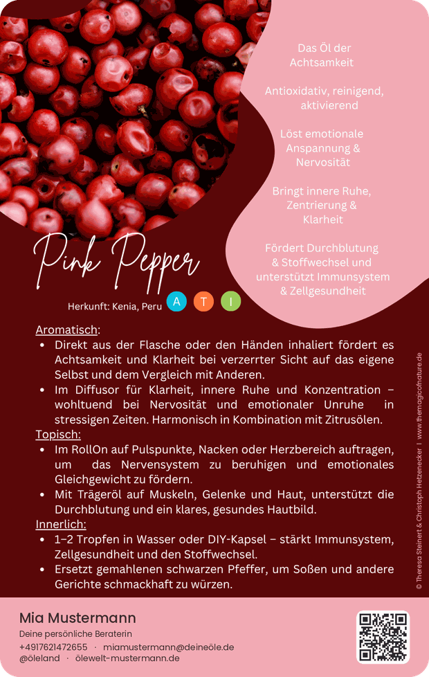 Die Gratiskarte Pink Pepper mit Namen, Kontaktdaten und QR-Code